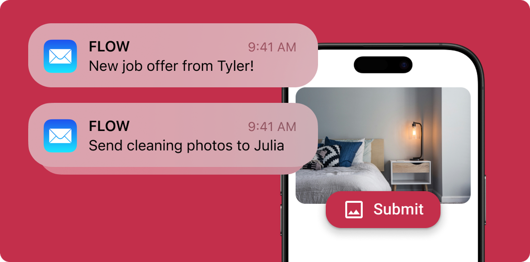 Smartphone displaying cleaning photos and a new job offer notification. Payment and control features are implied.
