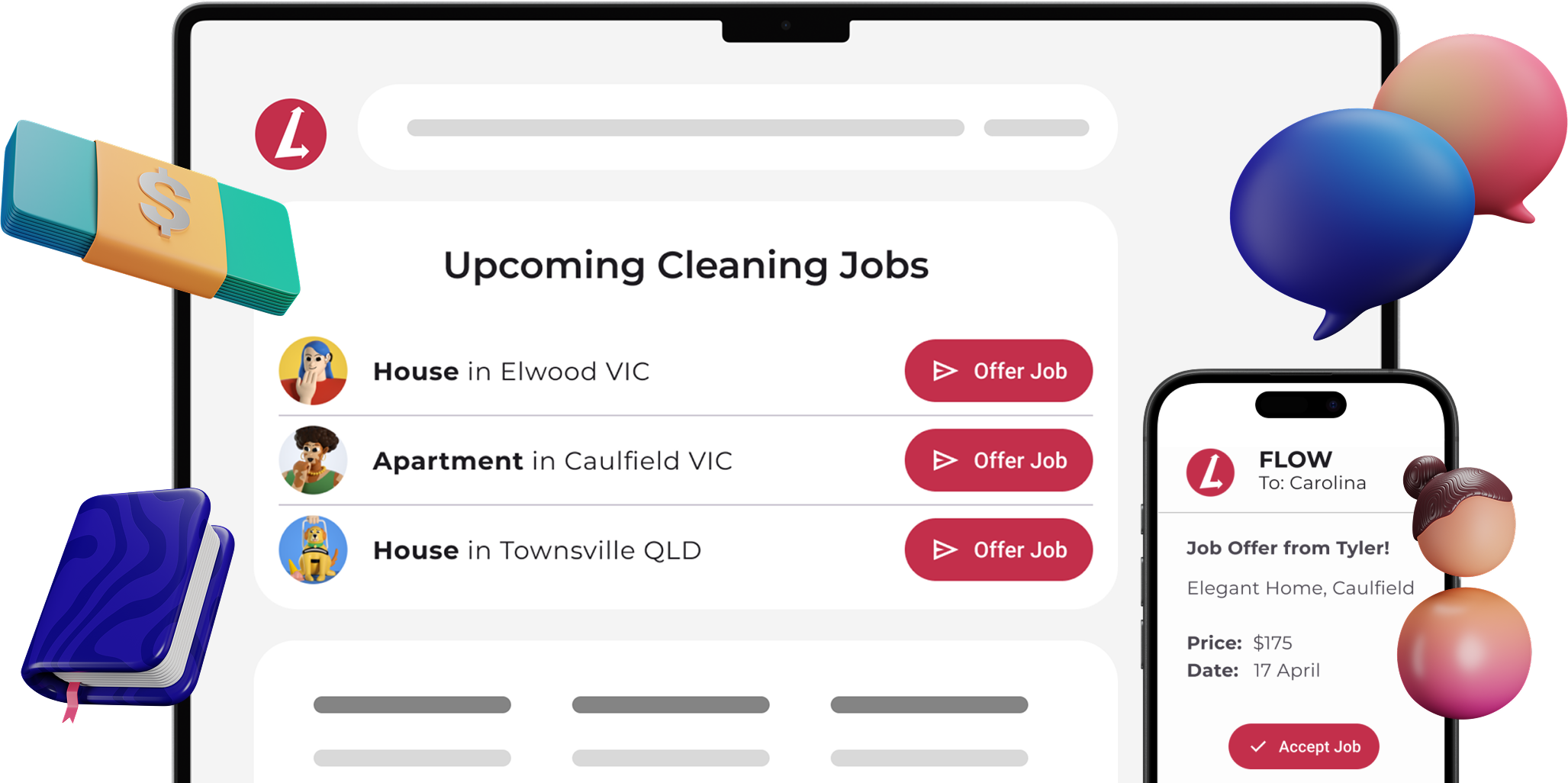 Tablet and phone show upcoming cleaning jobs and payment details using short-term rental software.